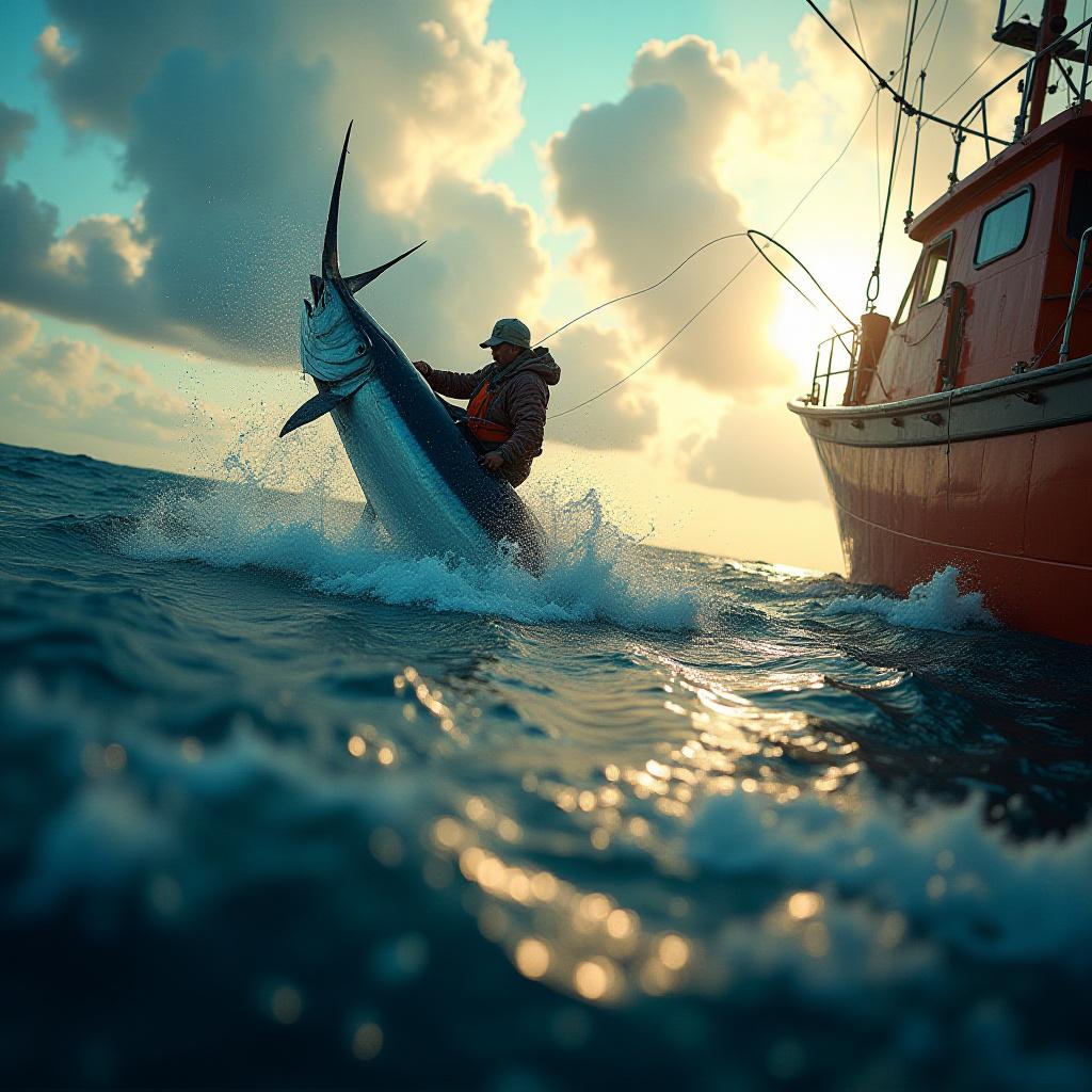 Fisker der håndterer net på en bæredygtig måde i solnedgang